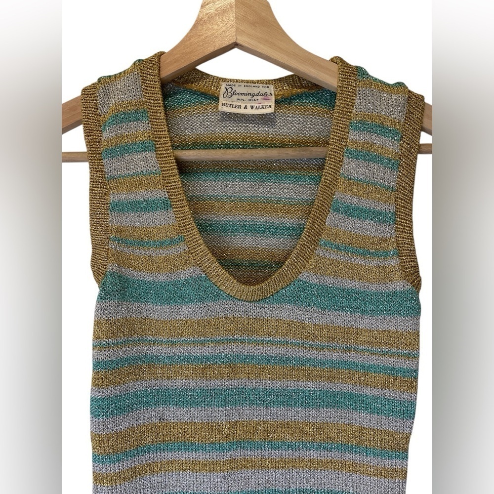 Vintage Bloomingdales BUTLER & WALKER Striped Gold and Green Knit Tank Top S - Picture 2 of 5
